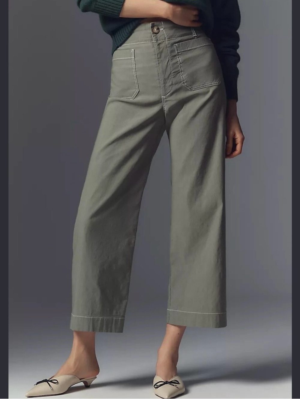 Anthropologie Maeve Colette Crop Wide Leg Contrast Stitch Moss Olive Green 28